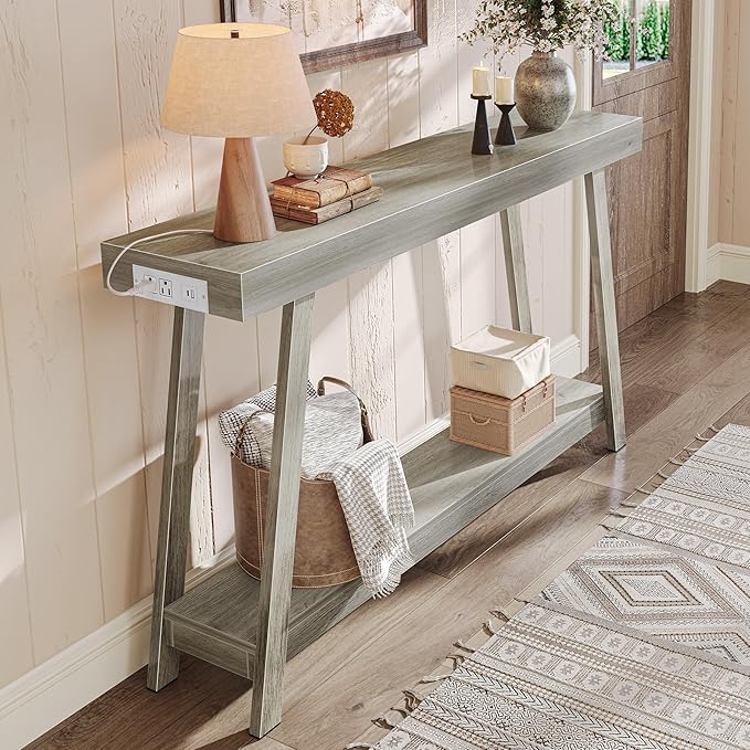 Huuger Console Table with Charging Station, USB-C Port, 2 Tiers Entryway Table, 53.9 Inch Sofa Table with Metal Legs, Entry Hallway Table with Thicker Desktop, Modern Behind Couch Table, Grey