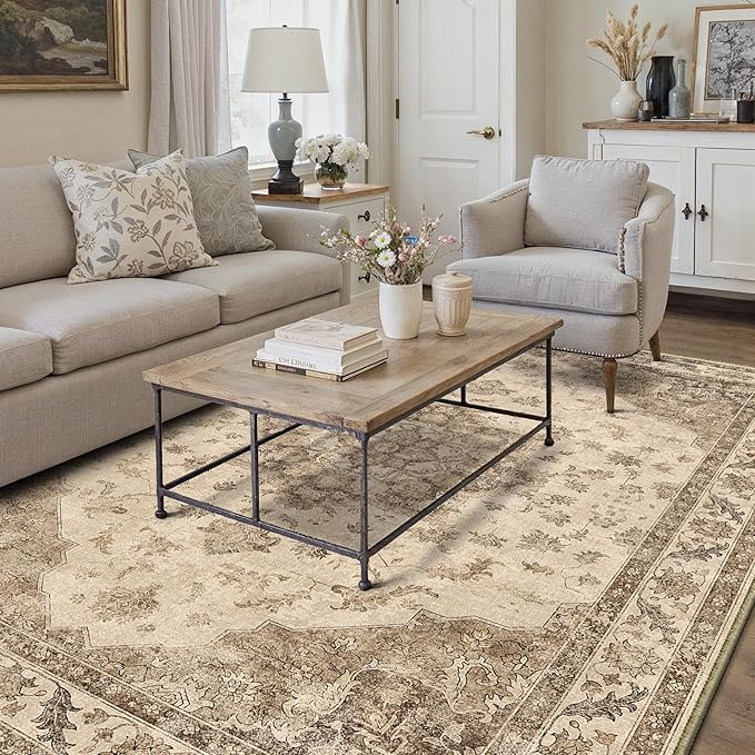 Brown Area Rug 4x6 Washable Vintage Carpet for Office Living Room Soft Retro Low Pile Thin Indoor Rug Non Slip Oriental Medallion Floor Cover for Bedroom Kitchen Dining Room