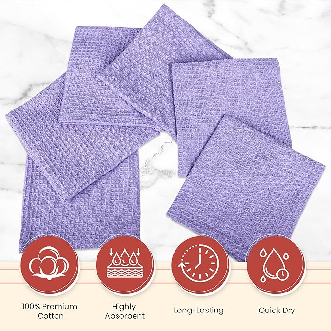 Vintage Vista 100% Cotton Waffle Dish Cloths (Pack of 6) - Dish Rags for Washing Dishes - Reusable & Highly Absorbent Kitchen Towels - Kitchen Rags for Christmas - (12" x 12" - Purple)