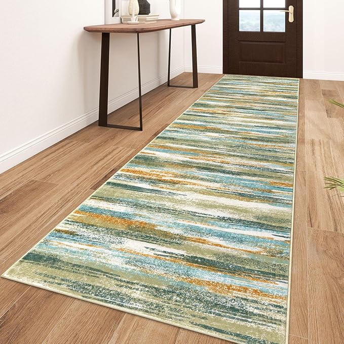 Modern Abstract Runner Rug 3x10, Green Teal Mustard Washable Kitchen Runner Non-Slip Soft Hallway Rug Runner Thin Print Faux Wool Carpet for Entryway Bedroom Indoor Home Office Decor