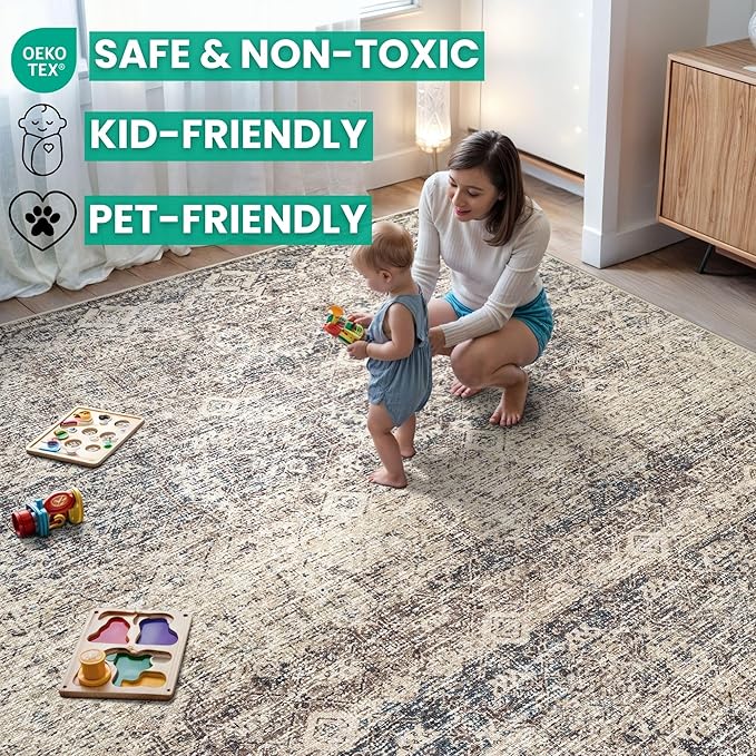 Bloom Rugs Caria Washable Non-Slip 9x12 Rug - Beige Brown/Teal Traditional Area Rug for Living Room, Bedroom, Dining Room, and Kitchen - Exact Size: 9' x 12'