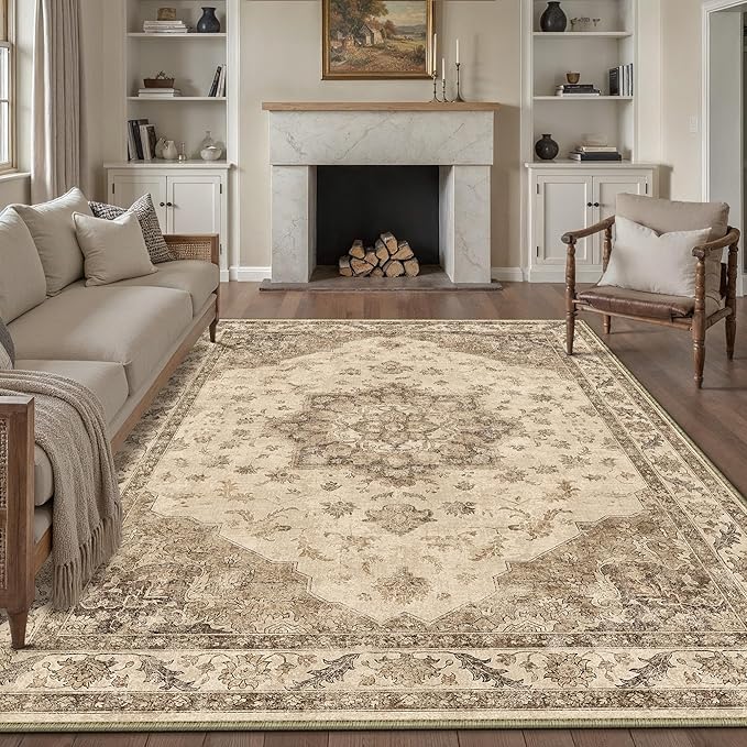 Brown Area Rug 8x10 Washable Vintage Carpet for Living Room Bedroom Large Soft Retro Low Pile Thin Indoor Rug Non Slip Oriental Medallion Floor Cover for Dining Room Office