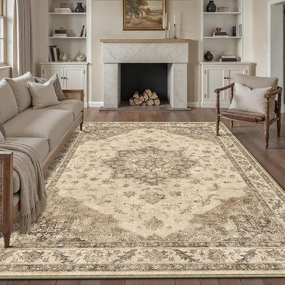 Brown Area Rug 8x10 Washable Vintage Carpet for Living Room Bedroom Large Soft Retro Low Pile Thin Indoor Rug Non Slip Oriental Medallion Floor Cover for Dining Room Office