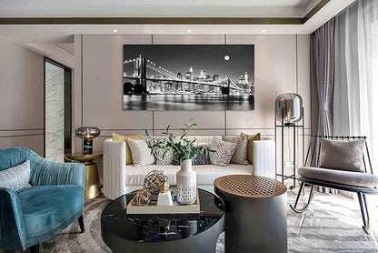 Baisuart-Q30375 Brooklyn Bridge Night View 1 Panels Landscape Artwork Canvas Prints Moon Night New York City Scene Picture Paintings Black and white Wall Art for Oiffce Home Decorations Wall Decor