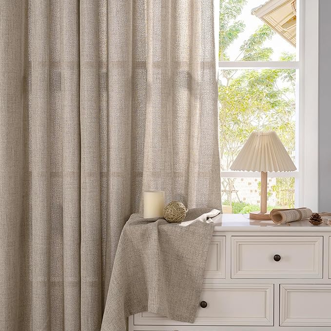 YoungsTex Oatmeal Linen Kitchen Curtains 36 Inches Long with Grommet, Short Semi Sheer Drapes Light Filtering Natural for Cafe Bathroom Window, 42 x 36 Inch, 2 Panels
