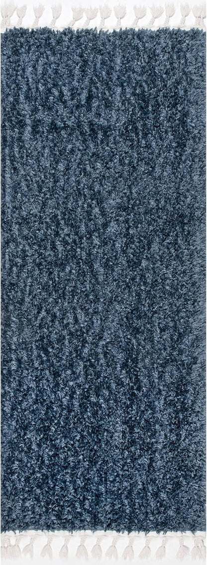 nuLOOM Neva Solid 2x6 Runner Shag Rug for Living Room Bedroom Dining Room Nursery Entryway Hallway, Navy/Ivory