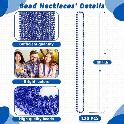 Mardi Gras Beads, 120 PCS Blue Beads Necklace, 33" Blue Bead Necklace, Mardi Gras Accessories, Parade Throws Bulk for Christmas Pirate Birthday Gender Costume Party Favors Supplies