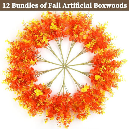 12 Bundles Eucalyptus Leaves Boxwood Artificial Mums for Outdoors/Indoors, Faux Mums for Outdoor Planters, Fall Fake Flowers for Decoration Garden Porch Window Home Farmhouse(Orange Eucalyptus)