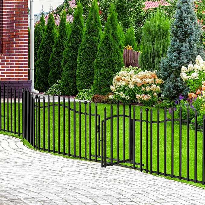 No-Dig Garden Decorative Fence with Gate - 5 Panels 24in H x 11.25ft L, Heavy-Duty Rust-Resistant Metal Dog Fence with Arched Design for Yard, Patio, and Flower Beds - Ideal for Pets and Landscaping