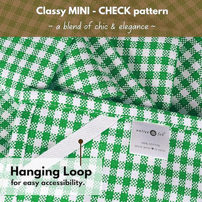 Native Fab Kitchen Dish Towels 16x26 inches Set of 4 Gingham Mini Check- 100% Cotton Dish Cloths for Washing Dishes, Absorbent Hand Towels with Hanger - Green White