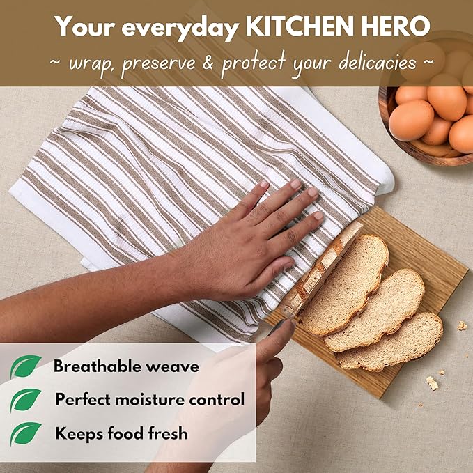 Native Fab Stripe Kitchen Towel - 12 Pack - Basket Weave 100% Cotton Dish Towels - 16x26 inches - Absorbent Towels for Cleaning, Quick Drying, Washable Dish Cloths with Hanging Loop - Brown