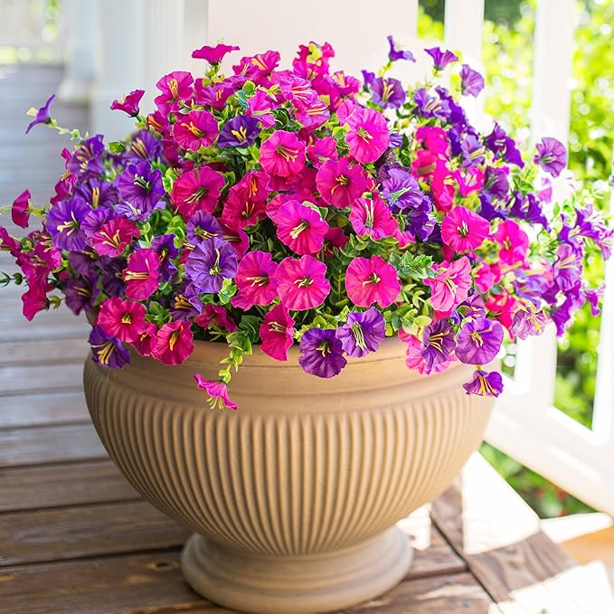 Artificial Flowers for Outdoors Fake Plants Outside Decoration, 12 Bundles Silk Colorful Morning Glory with Eucalyptus UV Resistant Realistic Faux Flowers for Planter Porch Patio Yard Garden