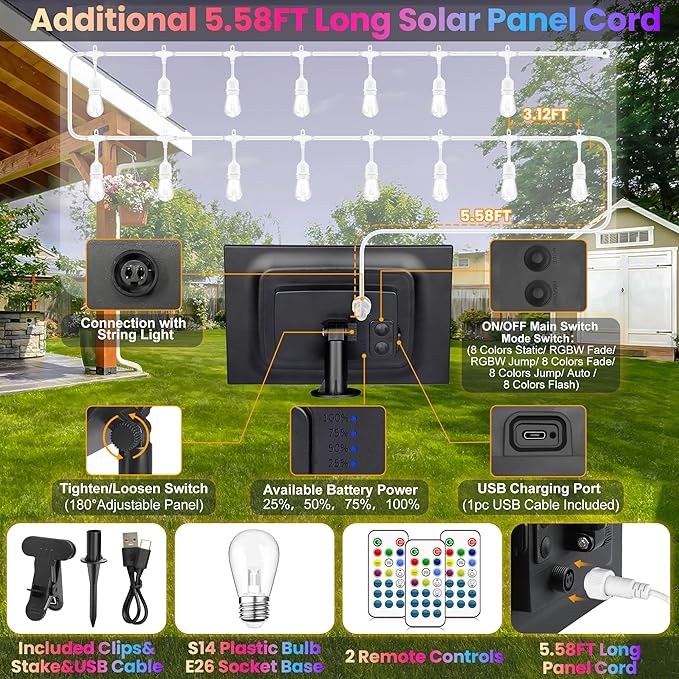 100FT(2x50FT) RGB Solar Outdoor String Lights with Remote, Dimmable Waterproof Patio Lights with 30 Bulbs for Porch Garden Bistro-White Cord