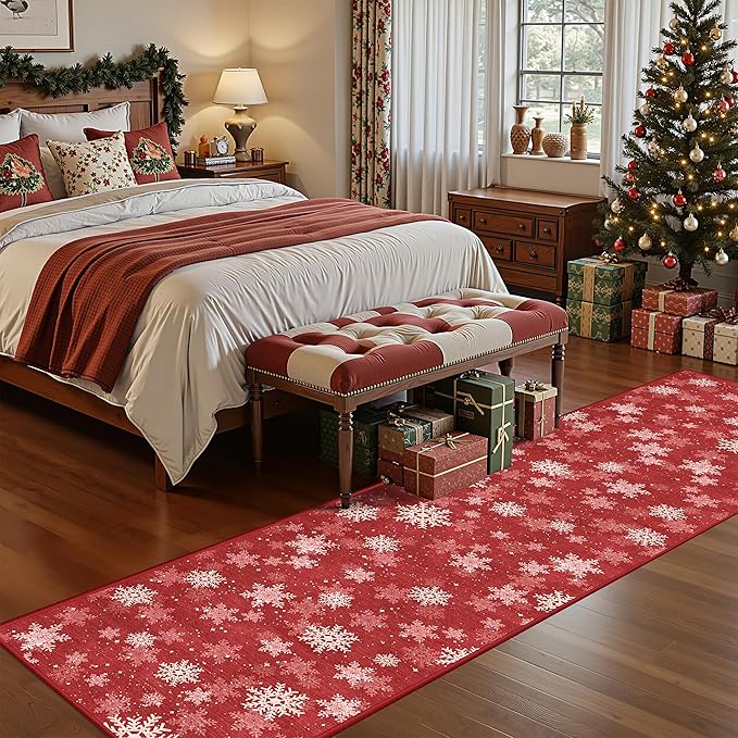 Christmas Runner Rug 2x8, Washable Snowflake Rugs for Living Room, Ultra-Thin Hallway Rug Runner Non Slip, Soft Red Holiday Decor Indoor for Entrance, Bedroom(2'x8', Red/White)