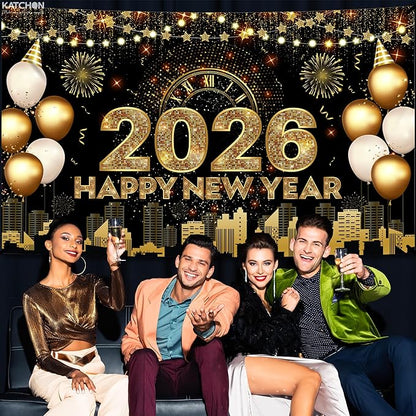 Katchon, Xtralarge Happy New Year Banner - 72x44 Inch | Gold Happy New Year 2026 Banner for New Years Decorations 2026 | NYE Backdrop for New Years Eve Party Supplies 2026 | NYE Decorations 2026