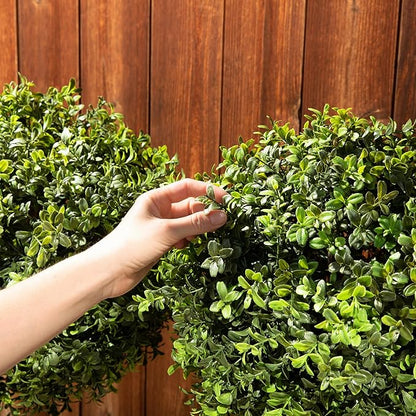 Premium 14" Diameter Artificial Boxwood Topiary – Set of 2 Faux Plants in Black Decorative Planters – UV-Resistant, Weatherproof, Realistic Outdoor & Indoor Greenery Accent