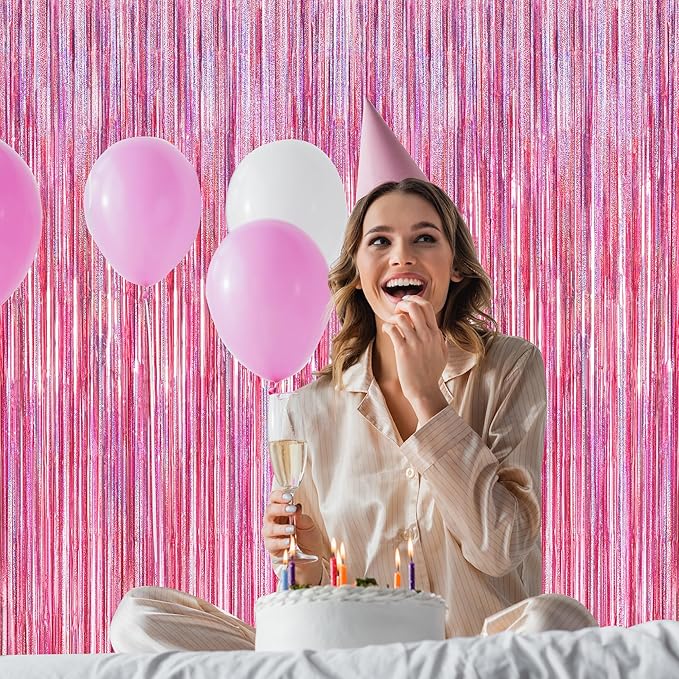 4 Pack Pink Backdrop, 3.28 FT x7.05 FT Foil Fringe Curtains, Metallic Glitter Pink Streamer Fringe Backdrop Foil Curtains, Laser Pink Birthday Party Decorations Bachelorette Decor
