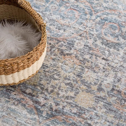 Bloom Rugs Caria Washable Non-Slip 7 ft Runner - Ocean Blue/Brick Traditional Runner for Entryway, Hallway, Bathroom, and Kitchen - Exact Size: 2'6" x 7'