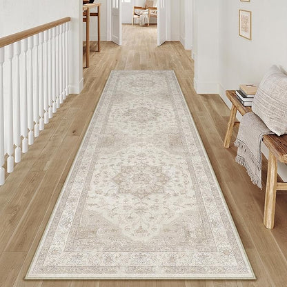 Beige Runner Rug 2'6"x12' Washable Vintage Carpet Hallway Kitchen Soft Retro Low Pile Thin Indoor Bedroom Non Slip Oriental Medallion Long Throw Rug for Bathroom Laundry Dining Room