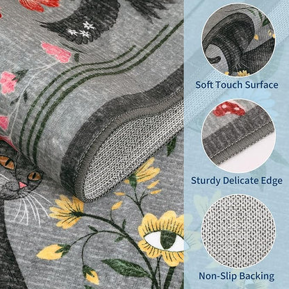 GarveeHome Cat Entryway Rug, 2x3 Mushroom Insect Grey Washable Front Door Rug Indoor Entrance Floral Carpet Non-Slip Low Pile Throw Rugs for Kitchen Floor, Powder Room, Entry, Bathroom, Kids Room