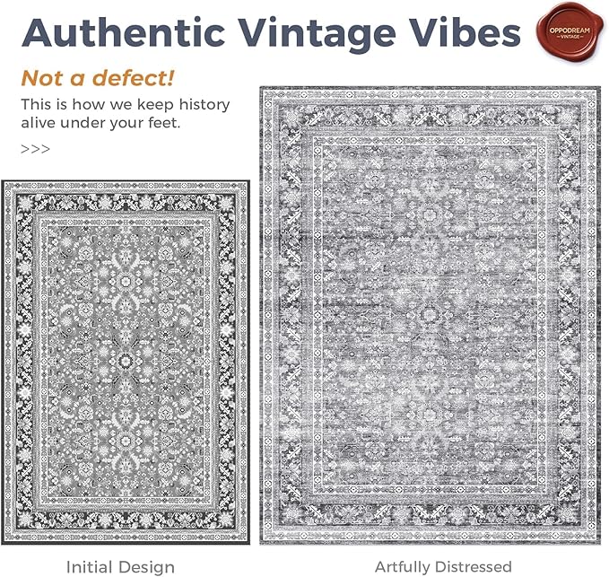 OPPODREAM Thin Vintage Grey 2x10 Runner Rug, 2 x 10 Retro Washable Rug Non Slip, Low-Pile Faux Wool Carpet, Distressed Gray Floor Mat for Kitchen, Hallway, Entry-Way, Entrance, Indoor Back Door