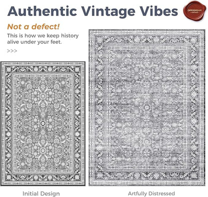 OPPODREAM Thin Vintage Grey 2x10 Runner Rug, 2 x 10 Retro Washable Rug Non Slip, Low-Pile Faux Wool Carpet, Distressed Gray Floor Mat for Kitchen, Hallway, Entry-Way, Entrance, Indoor Back Door