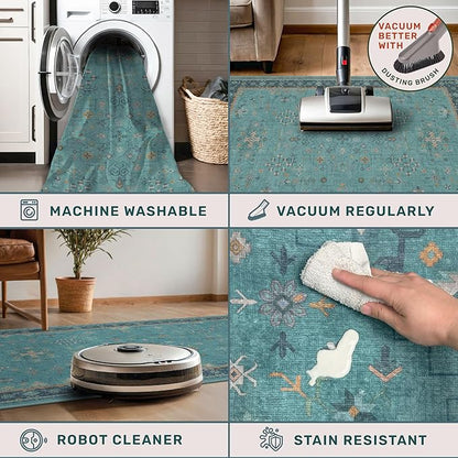 2x4 Washable Teal Throw Rugs for Entryway Indoor - Washable Non Slip Kitchen Rug, Boho Floral Small Carpet for Bathroom, Powder Room, Non Slip Low Pile Stain & Fade Resistant Indoor Décor