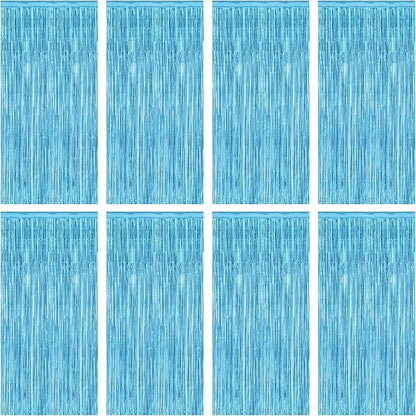 8 Pack Party Decorations, 3.28 FT x 7.05 FT Party Streamer, Metallic Sky Blue Tinsel Backdrop Fringe Curtains Party Decorations, Light Blue Birthday Backdrop Photo Booth Props