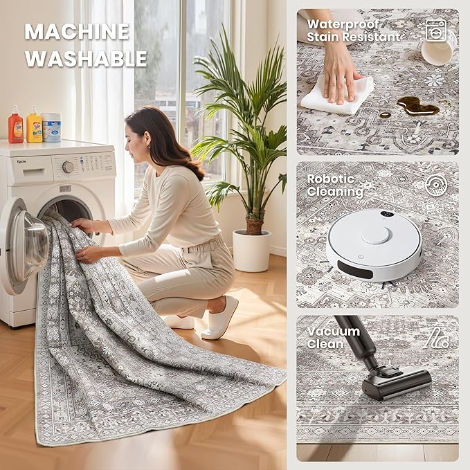 zesthome 6x9 Area Rug, Super Soft Washable Rugs for Living Room, Non-Slip Stain Resistant Vintage Rugs, Ultra-Thin Large Area Rugs (Brown/Beige,6'x9')