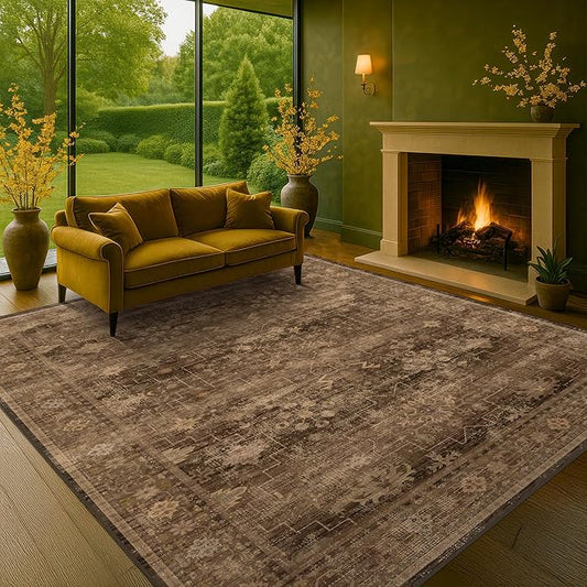 Boho Brown Living Room Rug 7x9 - Vintage Traditional Eclectic Oriental Neutral Taupe, Washable Low Pile Non-Slip Extra Large Area Rugs for Dining Under Table Bedroom Lounge