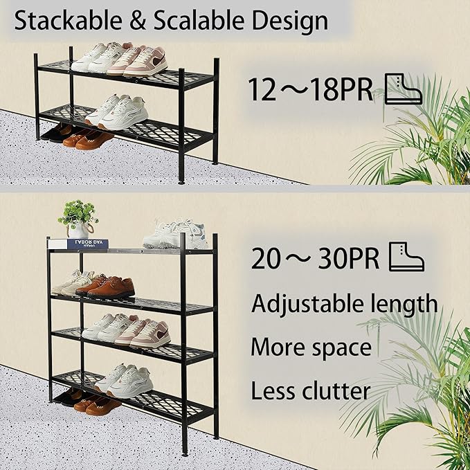 Shoe Rack For Closet, Expandable Shoes Organizer Metal Shelf Stand, 2 Tier Stackable Long Shoe Storage Holder For Floor, Entryway, Garage, Bedroom, Door Entrance For 12-18 Pairs, 45.6 inches Black