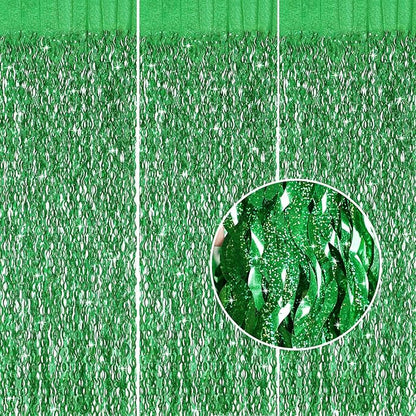 Green Foil Backdrop Curtain - CYLMFC 3 Pack 3.3 ft x 6.6 ft Birthday Streamers Party Curtains Decorations Backdrop Xmas Graduation Decor