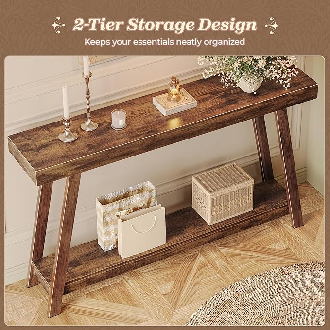 Huuger Console Table with Charging Station, USB-C Port, 2 Tiers Entryway Table, 53.9 Inch Sofa Table with Metal Legs, Entry Hallway Table with Thicker Desktop, Modern Behind Couch Table, Rustic Brown