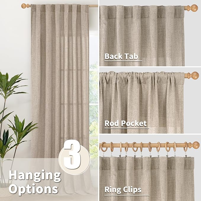 YoungsTex Oatmeal Linen Curtains 48 Inch Length, Burlap Semi Sheer Drapes Light Filtering with Rod Pocket Back Tab for Living Room Short Window, 2 Panels, 42 X 48 Inch