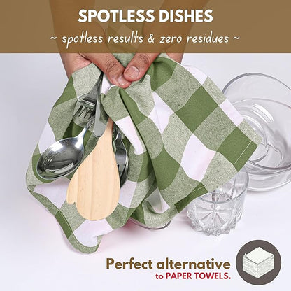 Native Fab Buffalo Check Kitchen Dish Towels, 16"x26", 12 Pack - 100% Cotton Plaid Washcloths - Absorbent Dish Cloths Set, Cleaning Hand Towels with Hanging Loop - Mini Green White