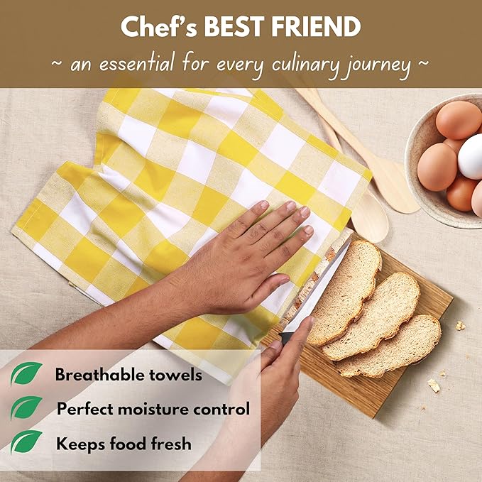 Native Fab Yellow Buffalo Dish Towel 16"x26", Set of 4 - Cotton Plaid Towels, Soft Absorbent Dishcloths with Hanging Loop, Kitchen Towels for Quick Drying - Yellow White