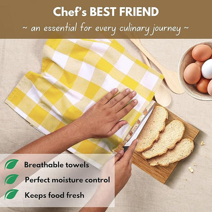 Native Fab Yellow Buffalo Dish Towel 16"x26", Set of 4 - Cotton Plaid Towels, Soft Absorbent Dishcloths with Hanging Loop, Kitchen Towels for Quick Drying - Yellow White