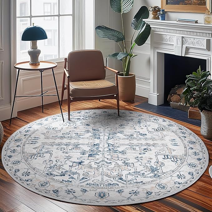 jinchan Round Rug 8ft Vintage Machine Washable Area Rug Kitchen Indoor Circle 8' Ultra-Thin Non-Slip Floral Print Carpet for Farmhouse Entryway Dining Room Living Room Bedroom Office (8'Round,Blue)