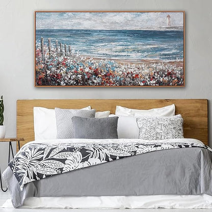 Wall Art Decor Wall Canvas Painting Blue Sea Colorful flowers Landscape Decor Framed For Living Room Bedroom Dining Room Home Office Modern Artwork Home Decoration 24" x 48"