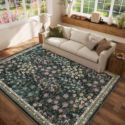 Machine Washable Living Room Rug: 6x9 Area Rugs for Bedroom Vintage Stain Resistant Non Slip Low Pile Lightweight Soft Carpet for Kitchen Dining Room Farmhouse Kids Room Nursery Indoor