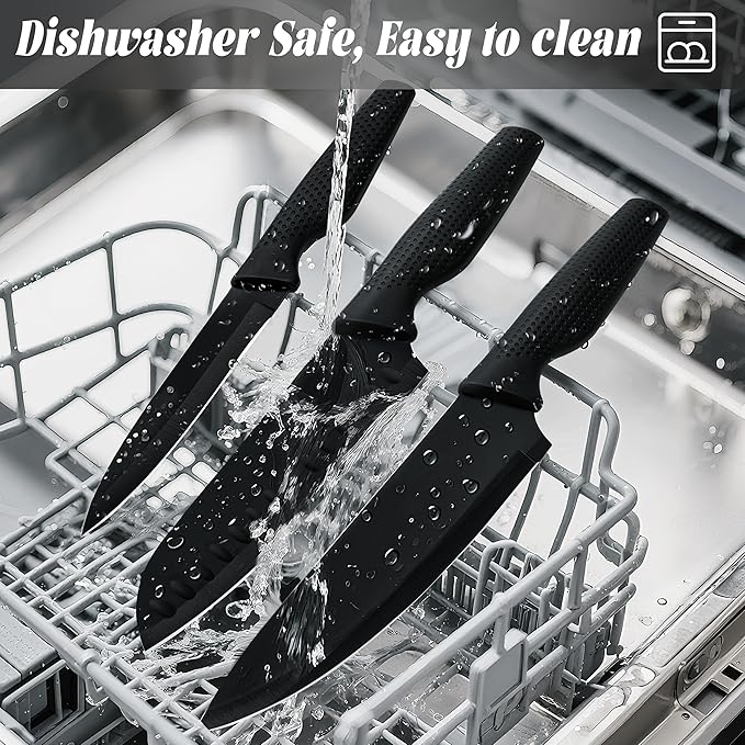 Knife Set, 20 Pcs Kitchen Knife set with block, Sharpener, Finger Guard, Brush, German Stainless Steel, Dishwasher Safe, Anti-slip Handle, Black