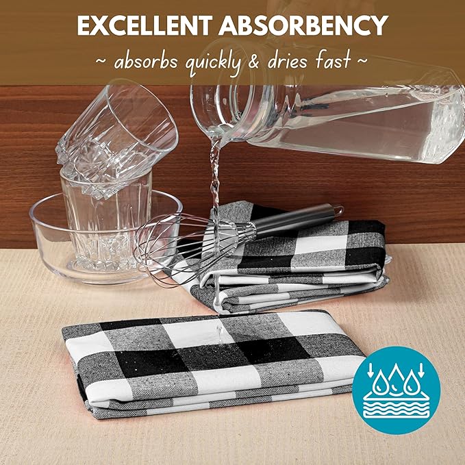 Native Fab 4-Pack Kitchen Towel with Hanging Loop 16x26 inches, Cotton Buffalo Check Kitchen Towels for Cleaning Drying, Washcloths Soft & Absorbent Cloth Rags, Bar Towel, Dish Cloth, Black