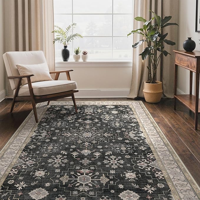GENIMO 5x7 Area Rugs for Living Room,Machine Washable Non-Slip Vintage Rug, Low Pile Lightweight Carpet for Bedroom, Dining Room, Home Office, Stain & Fade Resistant,Black