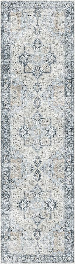 GENIMO Runner Rug 2'6"x6, Non Slip Vintage Hallway Runner Rugs, Low Pile Lightweight Machine Washable Mat for Hallway, Entryway, Bedroom, Kitchen and Corridor, Blue