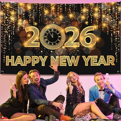 Katchon, Xtralarge Happy New Year Banner - 72x44 Inch | Happy New Year 2026 Banner for New Years Decorations 2026 | NYE Backdrop for New Years Eve Party Supplies 2026 | NYE Decorations 2026