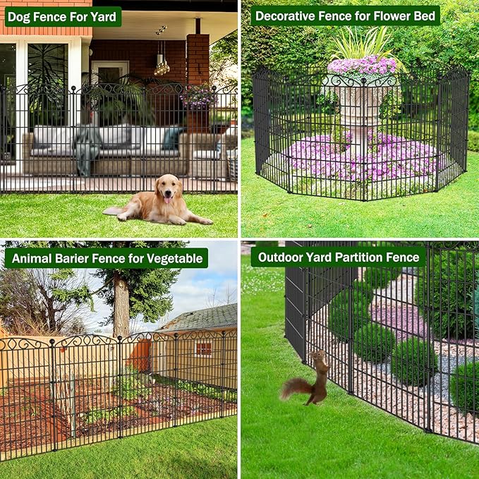 Decorative Garden Fence 6 Panel with Gate - 42in H x 12.78ft L, No Dig Rustproof Metal Tall Animal Barrier for Dogs Rabbits, Outdoor Border for Yard, Patio, and Flower Beds