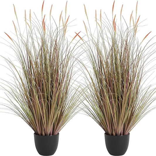 KOL 4ft 2-Pack Artificial Cattail Reed Grass, 47.2’’ Artificial Indoor Outdoor Fake Onion Grass Floor Plant, Home Office Wedding Decorative Potted Plants, Housewarming Gift, Pink