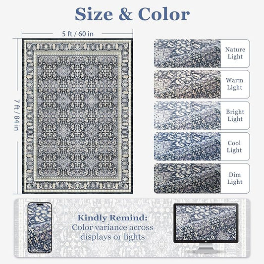Jainmy Dark Blue 5x7 Area Rugs for Living Room Bedroom, Transitional Boho Moroccan Floral Trellis Printed, Washable Non Slip Low Pile Ultra Thin Soft Carpet Rugs for Dining Room/Kitchen/Home Office