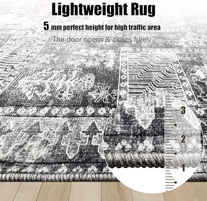 Vintage 2'6'' x 8' Washable Area Rug - Stylish Indoor Rug for Living, Dining or Bedroom - Lightweight Carpet with Non-Slip Backing - Foldable for Easy Placement and Maintenance - Grey