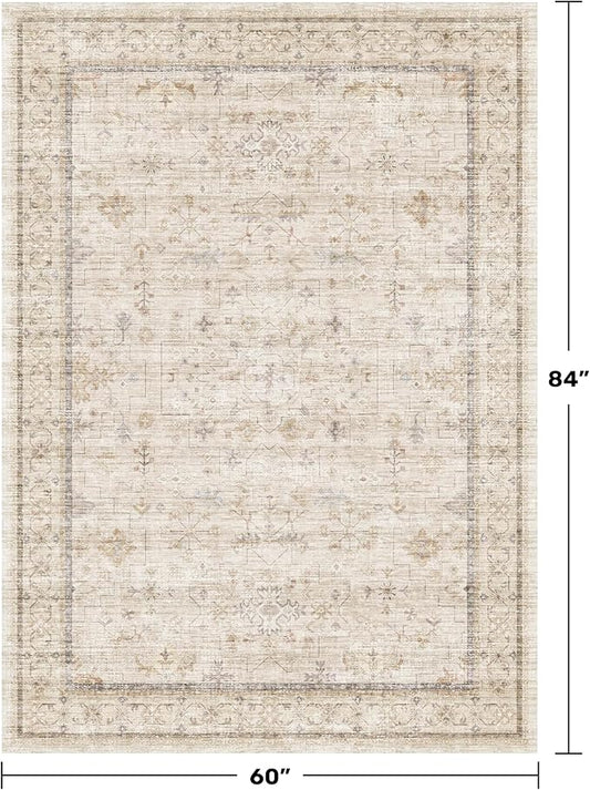 Washable Ivory 5x7 Rug for Bedroom, Home Office, Non Slip Dinning Rugs for Under Table, Low Pile Neutral Farmhouse Retro Living Room Carpet